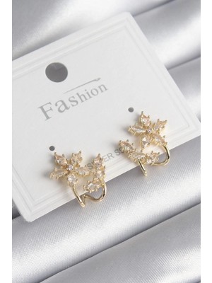 Renas Store Pirinç Gold Renk Zirkon Taşlı Çiçek Model Kadın Küpe