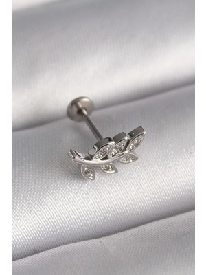 Belirtilmemiş 316L Çelik Gümüş Renk Dal Model Zirkon Taş Detaylı Tragus Piercing
