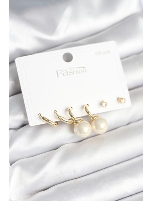 Renas Store Gold Renk Pirinç 925 Ayar Gümüş Çivili Kadın Küpe Seti 5886