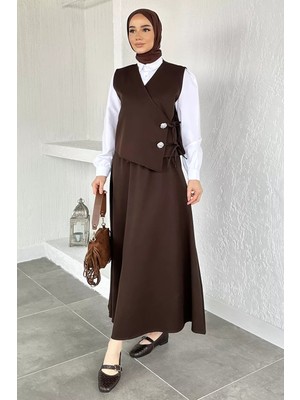 Julude Bel Lastikli Etek Gömlek Taşlı Yelek Tesettür Üçlü Takım P-00020926