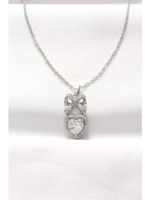 Renas Store 316L Çelik Silver Renk Zirkon Taşlı Kalpli Fiyonk Kolye - TJ-BKO8519