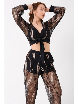 MTM My The Mall Giyim Bralet Sütyen Transparan Gömlek ve Pantolon Takım Siyah