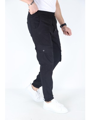 Blayn Jeans Erkek Siyah Kargo Cepli Paça Bel Lastikli Likralı Kargo Cep Pantolon