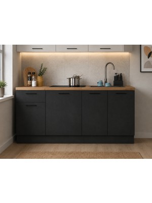T Designo Agora Mutfak 4 Kapaklı-1 Çekmeceli Alt Modül -180 cm - Tezgah Dahil-Çok Amaçlı Dolap -Antrasit