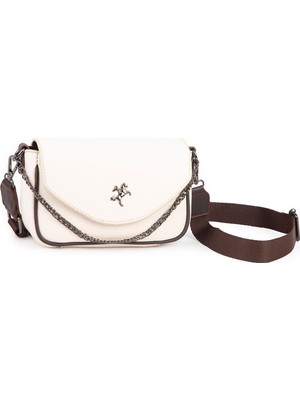 Nas Bag Mini Kapaklı Çapraz Çanta (En 20 cm , Boy 12 Cm) Krem Kahve Lopez