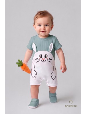Babyden's Tavşan Baskılı Şortlu Erkek Bebek Tulum %100 Pamuk Yazlık Kısa Kollu Çıtçıtlı Yenidoğan Bebek Tulumu 0-9 Ay