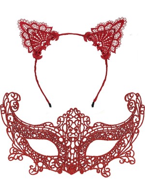 Renas Store Romantik Kırmızı Dantel Maske Seti – Kedi Kulaklı Taç ve Maske 3 No