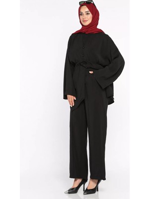 Julude Bel Lastikli Çimalı Pantolon Bağlama Detaylı Tunik Tesettür Ikili Takım P-00022704