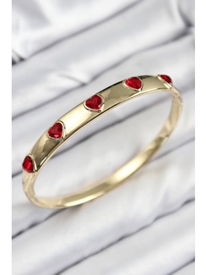 Renas Store Pirinç Zirkon Taşlı Kırmızı Kalp Model Gold Renk Kadın Kelepçe