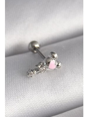 Renas Store 316L Çelik Gümüş Renk Zirkon Taş Detay Pembe Kalp Işleme Tragus Piercing - TJ-PR1281