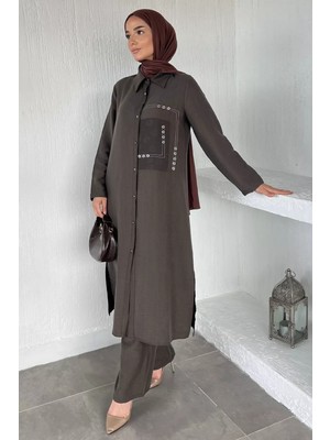Julude Tesettür Bel Lastikli Pantolon Boydan Düğmeli Tunik Ikili Takım P-00022188