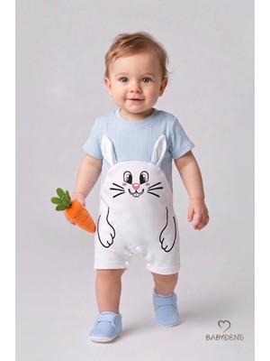 Babyden's Tavşan Baskılı Şortlu Erkek Bebek Tulum %100 Pamuk Yazlık Kısa Kollu Çıtçıtlı Yenidoğan Bebek Tulumu 0-9 Ay