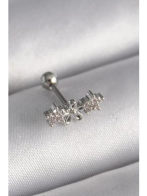 Renas Store 316L Çelik Gümüş Renk Zirkon Taşlı Çiçek Tragus Piercing - TJ-PR1247