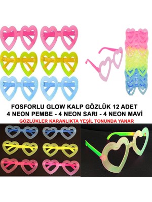 Renas Store Fosforlu Kalp Model Glow Parti Gözlüğü Karanlıkta Yanan Gözlükler 12 Adet