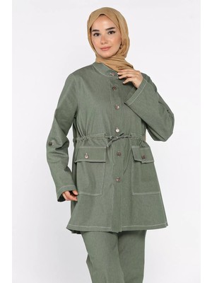 Julude Bel Bağlama Detaylı Jean Kot Ceket Pantolon Tesettür Ikili Takım P-00022680