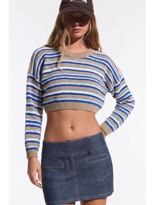 Kadın Trend Delikli Günlük Mavi Crop Kazak
