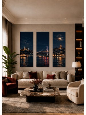 Zera Wall Mdf Tablo 3’lü Istanbul Gece Manzarası, Boğaz Köprüsü ve Galata Kulesi Seti – Salon ve Ofis Duvar Dekorasyonu