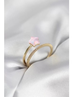 Renas Store Gold Renk Zirkon Taşlı Pembe Halley Model Kadın Yüzük - TJ-BYK4040
