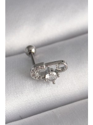 Belirtilmemiş 316L Çelik Gümüş Renk Zirkon Taşlı Toplu Iğne Tragus Piercing