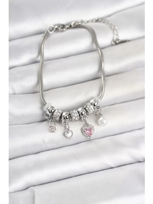 Renas Store Pirinç Gümüş Renk Kalp Detaylı Charmlı Kadın Bileklik