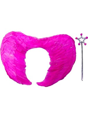 Renas Store Gerçek Tüylü Katlanabilir Çocuk Pembe Melek Kanadı ve Asa Seti 40X55 cm
