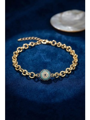 Renas Store Gold Renk Zirkon Taşlı Nazar Model Pirinç Kadın Bileklik TJ-BB8825