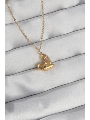 Renas Store 316L Çelik Zincir Gold Renk Renkli Zirkon Taşlı Kalp Kolye - TJ-BKO8905