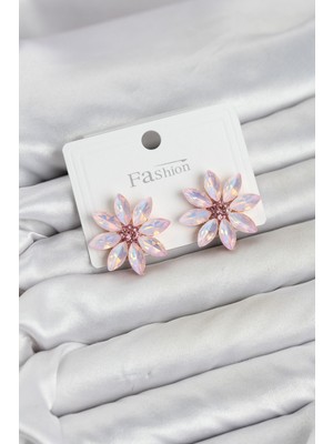 Renas Store Pembe Renk Kristal Taşlı Lotus Çiçek Model Kadın Küpe