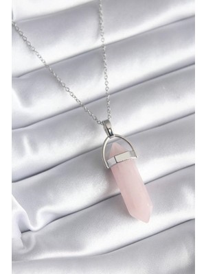 Renas Store 316L Çelik Gümüş Renk Pembe Taşlı Kadın Kolye - TJ-BKO8244
