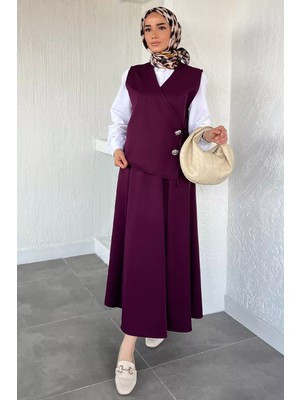 Julude Gülseli Bağlamalı Yelek Gömlek Etek Tesettür Üçlü Takım P-00021783