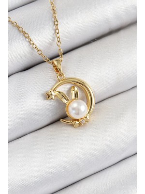 Renas Store 316L Çelik Inci Detaylı Hilal Tavşan Model Gold Renk Kadın Kolye - TJ-BKO10347
