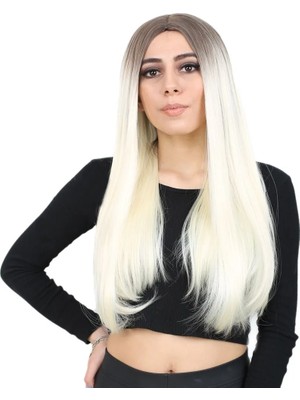 Renas Store Fiber Sen Uzun Düz Peruk / Küllü Açık Kahve  / Platin Ombreli