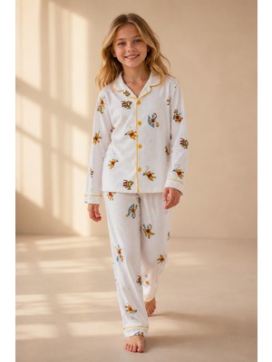 Enie Kız ve Erkek Çocuk Pamuklu Karakter Desenli Uzun Kollu Pijama Takımı + Göz Bandı