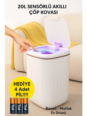 Renas Store 20L Sensörlü Akıllı Antibakteriyel Çöp Kovası Otomatik Kapaklı, Banyo Mutfak 4 Pil Yanında