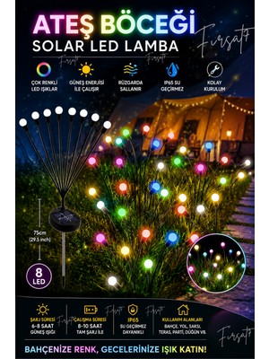 Güneş Enerjili 8 Led'li Renkli Ateş Böceği Kazıklı LED Bahçe Aydınlatma Solar Bahçe Süsü
