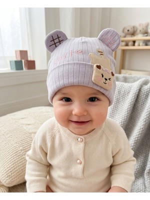 Bambik Kayra Baby Kız Bebek Cute Ayıcık Figürlü Penye Şapka 0-9 Ay