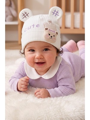 Bambik Kayra Baby Kız Bebek Cute Ayıcık Figürlü Penye Şapka 0-9 Ay