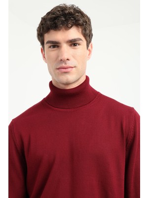 Dufy Erkek Slim Fit Yarım Balıkçı Yaka Bordo Triko