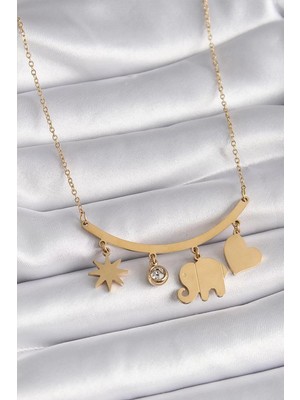 Renas Store 316L Çelik Gold Renk Fil Figür Zirkon Taş Detay Kadın Kolye - TJ-BKO9408