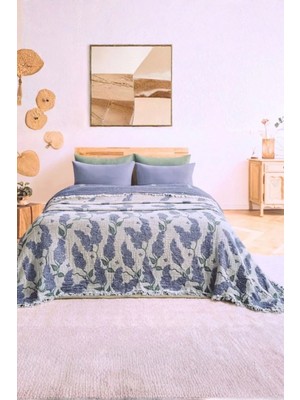 Layan Home 4 Katlı %100 Pamuk Müslin Çift Kişilik Yatak Örtüsü & Pike – Leylak Desen - Mavi