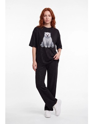 Cemo Modalı Kadın Ayıcık Baskılı Oversize Pantolon Takım