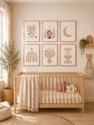 Zera Wall Mdf Tablo 6’lı Bohem Ev, Ay, Gökkuşağı, Çiçek ve Botanik Desenli Set – Bebek ve Çocuk Odası Duvar Dekorasyonu