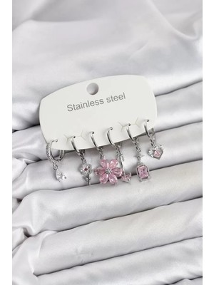Renas Store 316L Çelik Gümüş Renk Pembe Zirkon Taşlı Lotus Detaylı Kadın Küpe Seti TJ-BKP11887