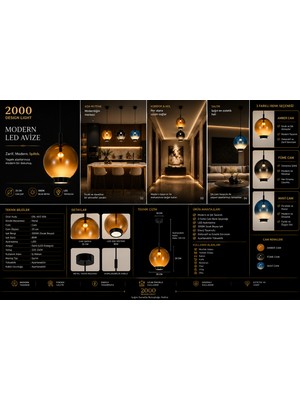 Modern LED Cam Sarkıt Avize | 25 cm | 80W | Amber, Füme ve Mavi Cam
