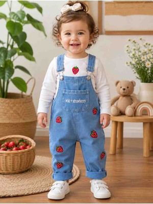 Uçurtma Baby Kids Baby Buu Çilek Nakışlı Denim Kotlu Mevsimlik 2'li Kız Bebek Salopet Tulum Takımı