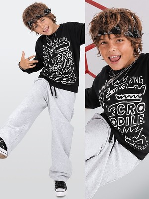 Denokids Erkek Çocuk Takım Timsah Baskılı T-shirt ve Kalın Eşofman Altı - Oversize (5-11 Yaş)