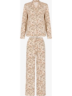 Penti Ekru Margot Baskılı Şal Desenli Uzun Kollu Gömlek Pantolon Pijama Takımı