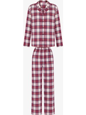 Penti Bordo Leila Ekoseli Uzun Kollu Gömlek Pantolon Pijama Takımı