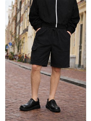 Damga Erkek Premium Jogger Relax Kargo Cepli Siyah Keten Şort