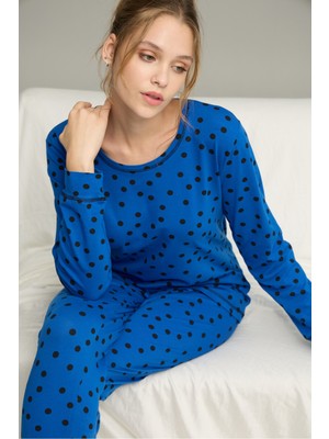 Siyah İnci Saks Puan Desenli Örme Pamuklu Pijama TAKIM25240220